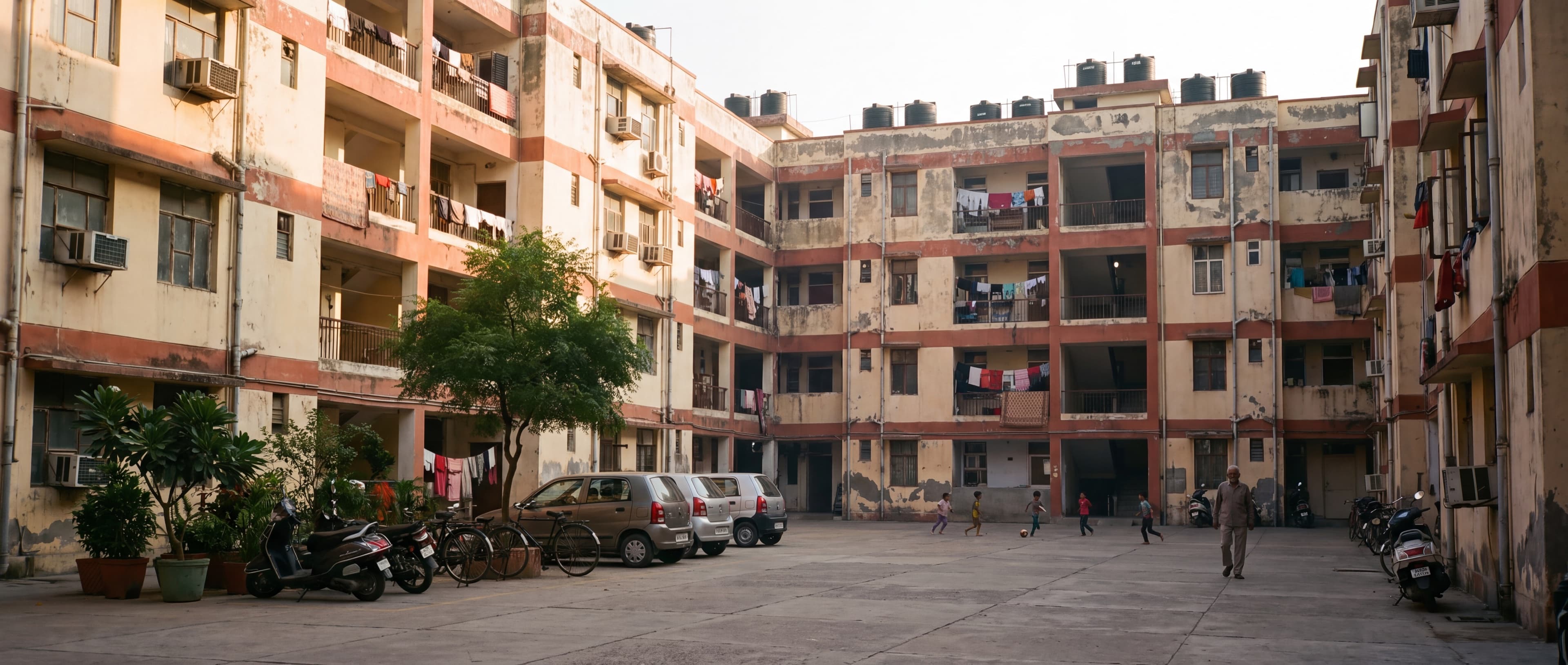 The courtyard of the pilot society in Indore, late afternoon