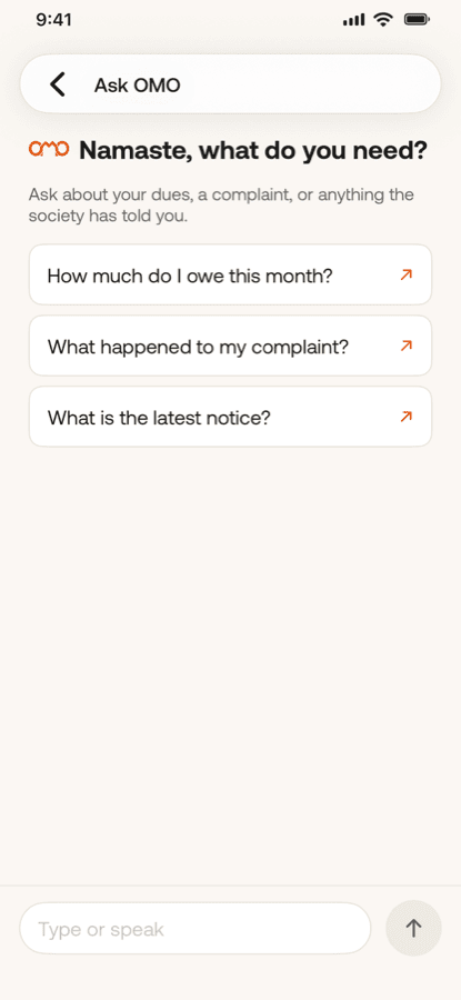 The Ask OMO screen: suggested questions about dues, a complaint and the latest notice, over a type-or-speak field