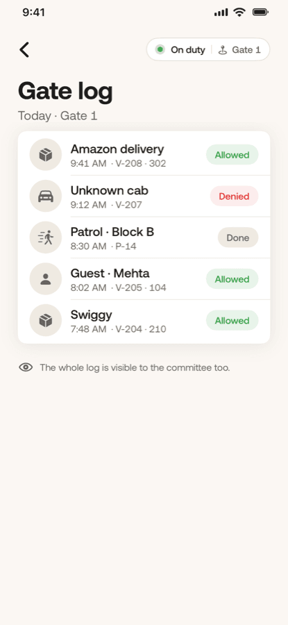 The gate log: deliveries, a guest and a patrol logged through the morning, each allowed or denied against a flat number