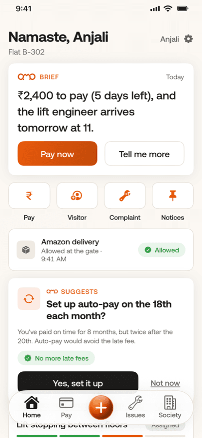 The OMO home screen a resident opens: dues, notices and the gate, in one view