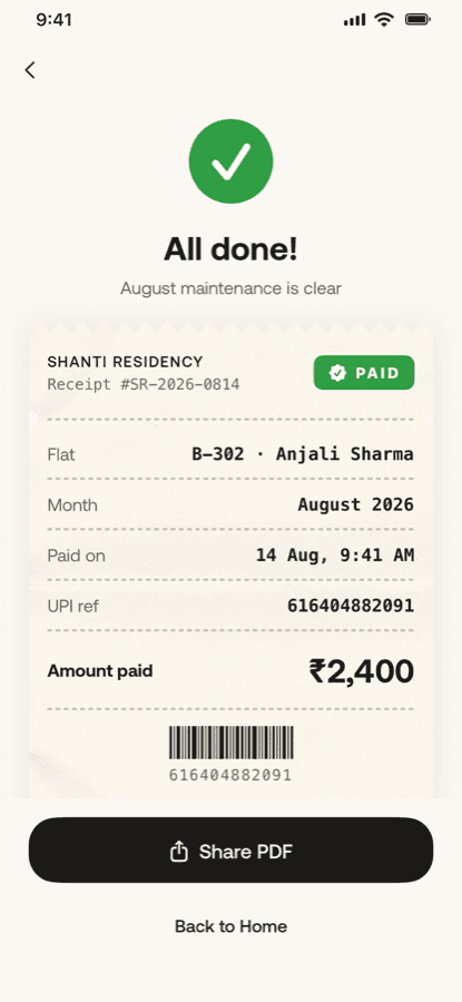 A paid receipt for flat B-302: August 2026, ₹2,400, with the UPI reference and a share button